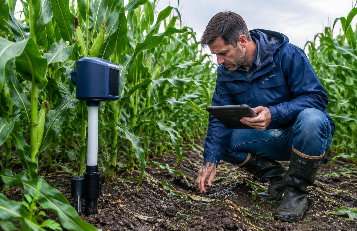 Agronomist checking a soil sensor in a corn field