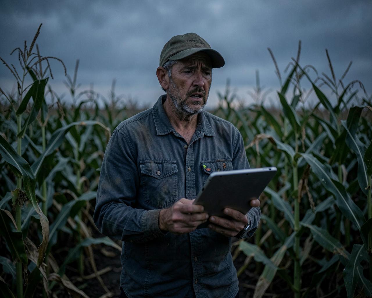 Concerned farmer reviewing data on a tablet in a corn field